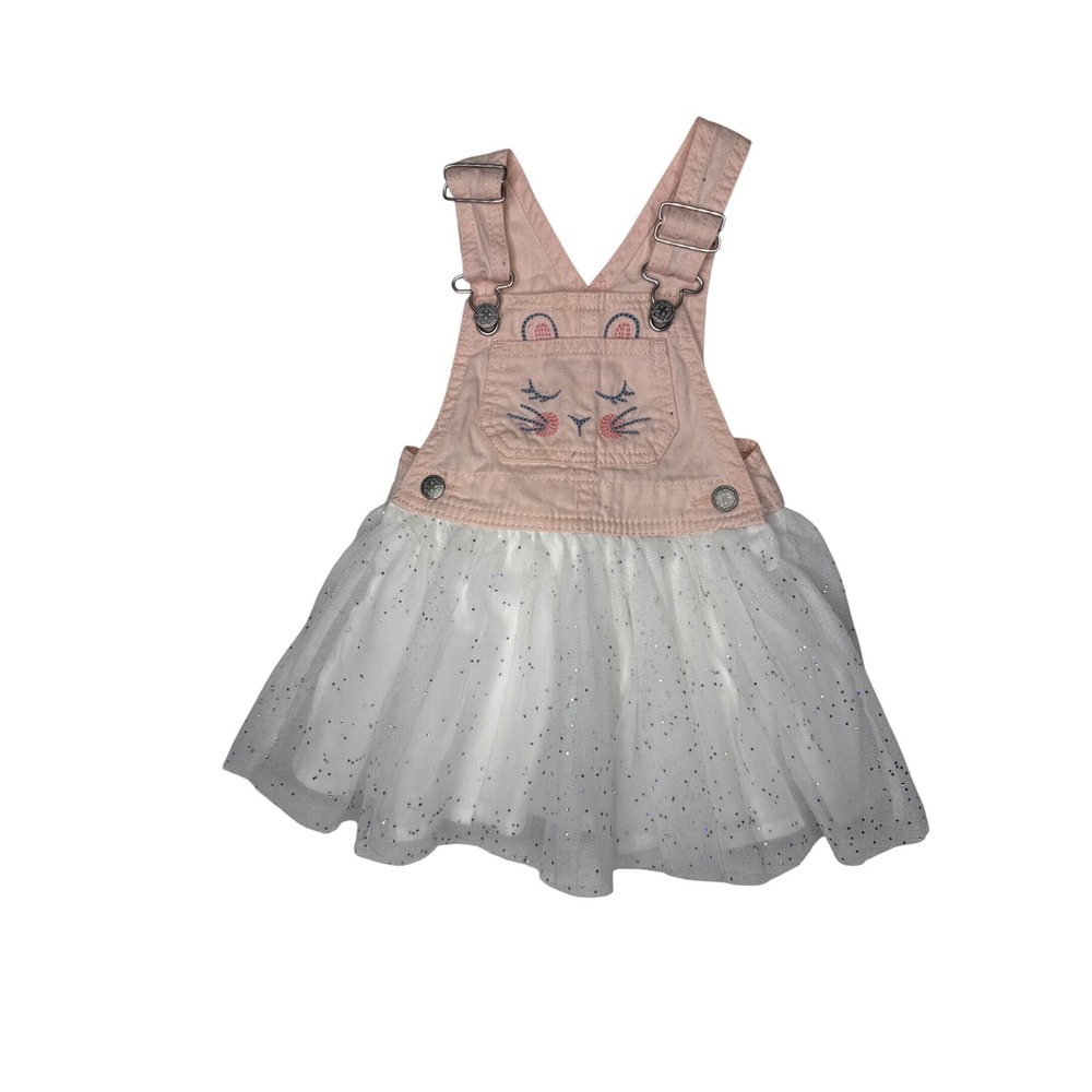 18M OshKosh B'gosh Overall Dress Baby Girl Pink Cotton Denim Tulle Tutu Cat